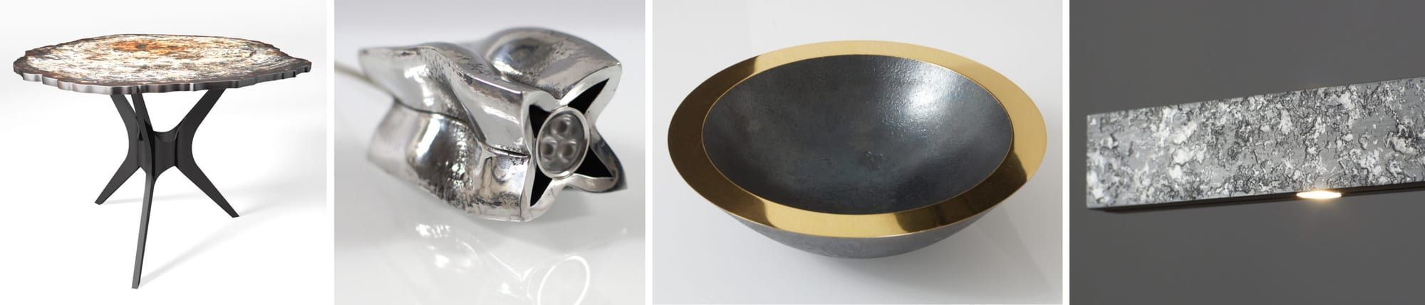 Vier Arbeiten aus der Werkstatt: Beistelltisch mit Stahlgestell, LED-Strahler aus Aluminium, Stahlschale mit Messingrand und Pendelleuchte mit strukturierter Oberfläche